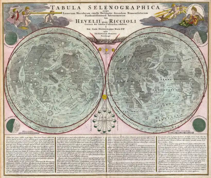 Carta del XVIII secolo con due emisferi della Luna e i nomi dei mari, e al centro lo schema delle fasi lunari